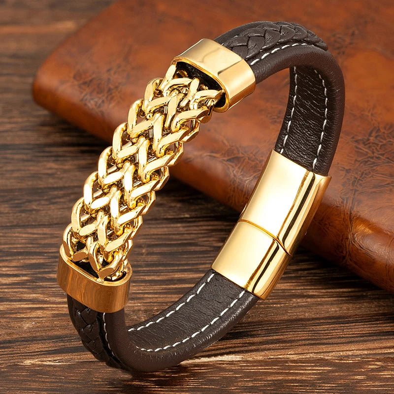 MKENDN Locomotive Men Stainless Steel Biker Link Chain Charm Leather Bracelet Punk Rock Wristband Fashion Accessories Jewelry