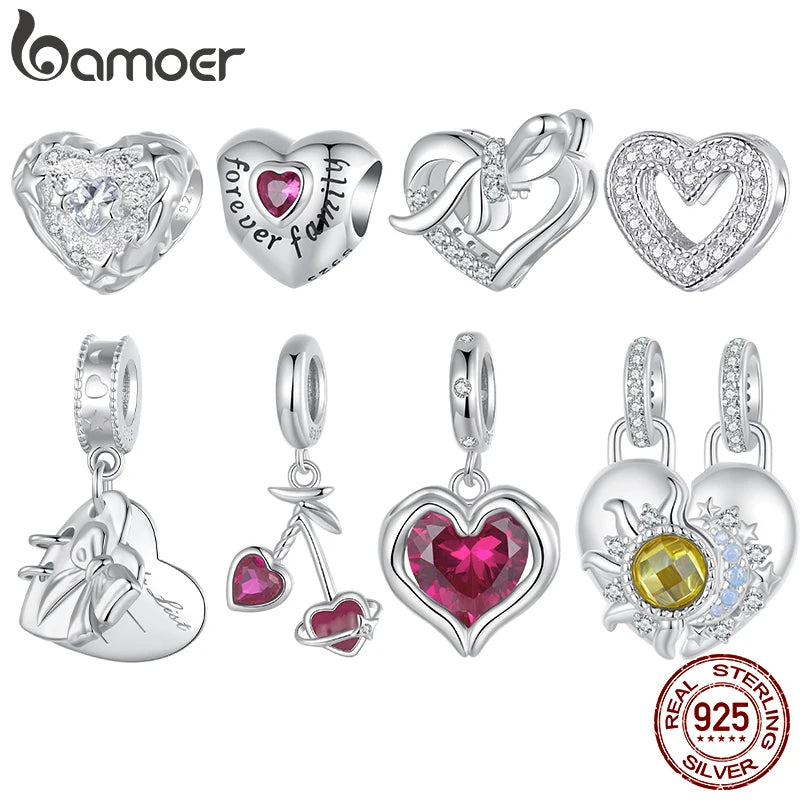 Bamoer Original 925 Sterling Silver Heart-shape Pendant Love Family Charm Romantic For Women Wedding Party Gift Fine Jewelry DIY