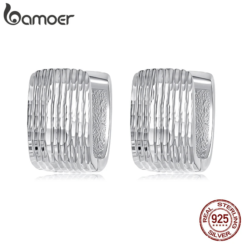 BAMOER Solid 925 Sterling Silver Small Chunky Thick Hoop Earrings for Women Girls, White Gold Plated Hoops Huggie Earrings