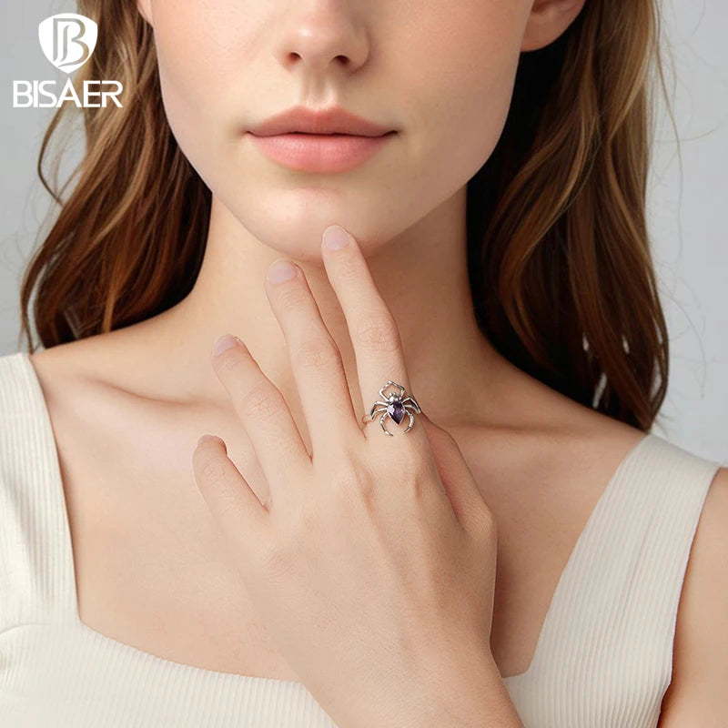 BISAER 925 Sterling Silver Spider Ring Purple Zircon Statement Band for Woman Party Original Fine Jewelry ECR1158