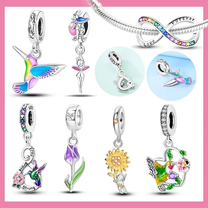 Real S925 Sterling Silver Colorful Hummingbird Flowers Charms Spring Series Beads Fit Original Bracelets DIY Jewelry for Women