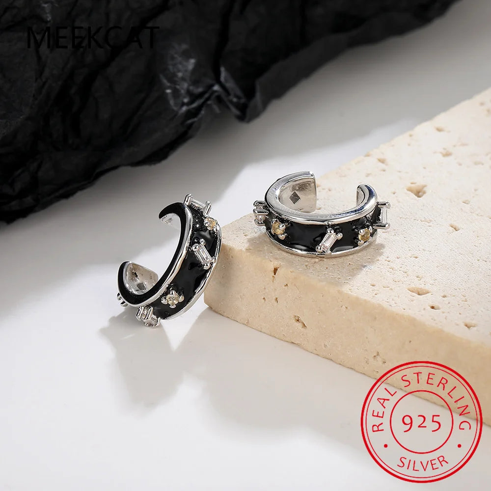 925 Sterling Silver Black Enamel Round Square Zircon Ear Cuff Clip on Earring For Girl Without Piercing Earing Jewelry DA250