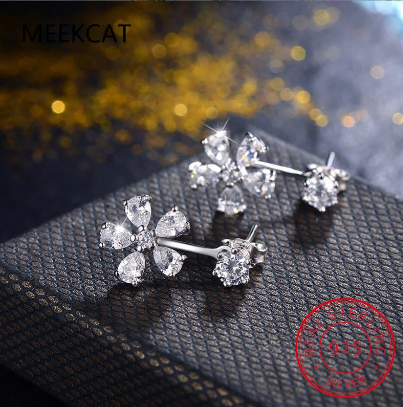2.0 CTTW Moissanite Stud Earring 925 Sterling Silver Flower Earring For Women Front Back Double Sided 2 in 1 Pierced Ear Jewelry