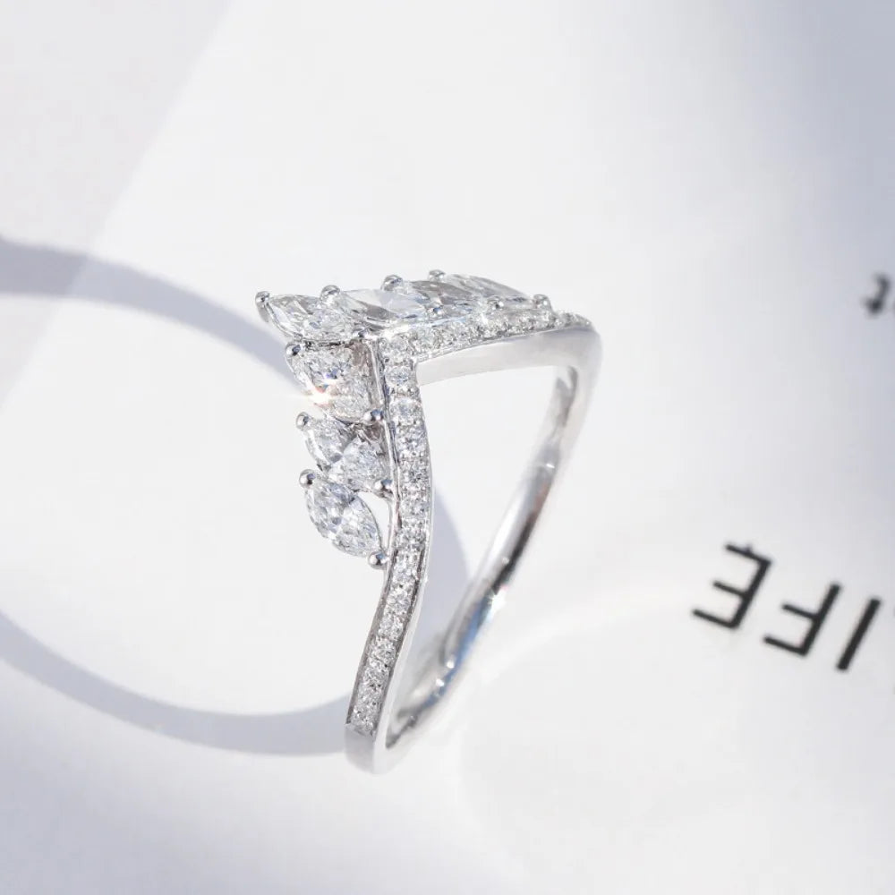 Trumium 18k White Gold Marquise Stackable Cubic Zirconia CZ V Shape Curved Engagement Rings Sparkling 925 Silver Wedding Band