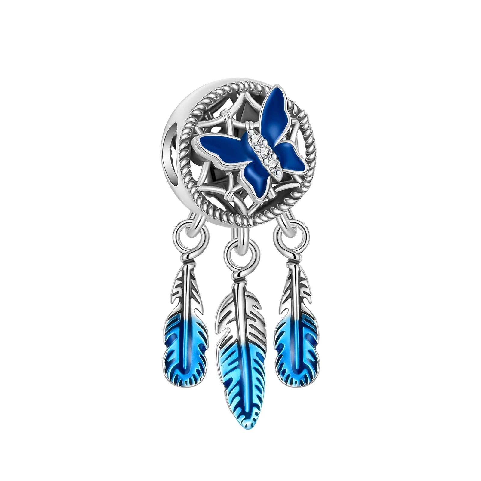 Charm-Anhänger „Bär mit Traumfänger“, 925er Sterlingsilber, blaue Feder, Schmetterling, passend für original Pandora-Charm-Armbänder, Frauen, DIY-Schmuckgeschenk