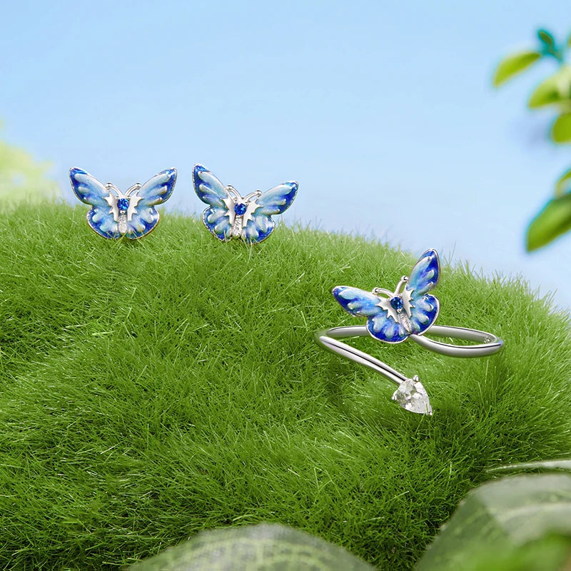 WOSTU 925 Sterling Silver Blue Butterfly Stud Earrings Open Ring For Women Wedding Engagement Fine Jewelry Set Girl Party Gift