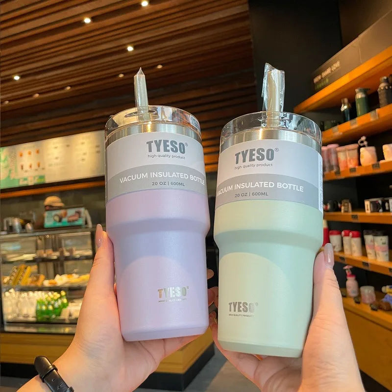 Tyeso 600/890ML Stainless Steel Coffee Mug With Straw Car Water Bottle Vacuum Flask Tumbler Insulated Cup Double Thermos Bottle