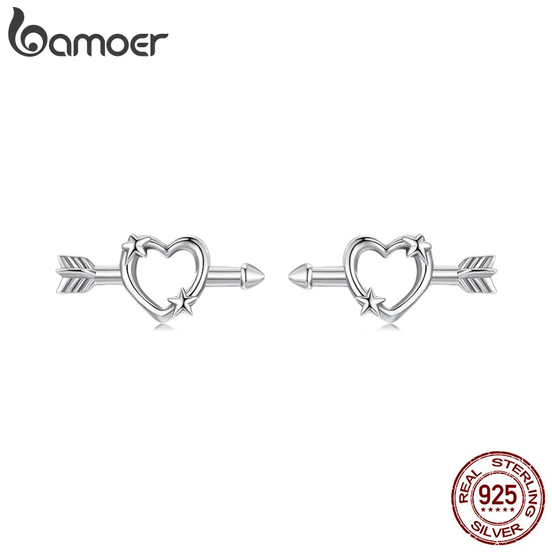 BAMOER Solid 925 Sterling Silver Heart Arrow Stud Earrings Huggie for Women Teens Fashion Stud Earrings Hypoallergenic Earrings