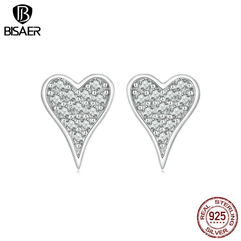 Boucles d'oreilles à tige en forme de cœur brillant en argent sterling 925 BISAER serties de zircons pavés plaqués or blanc bijoux fins pour femme cadeau de fête