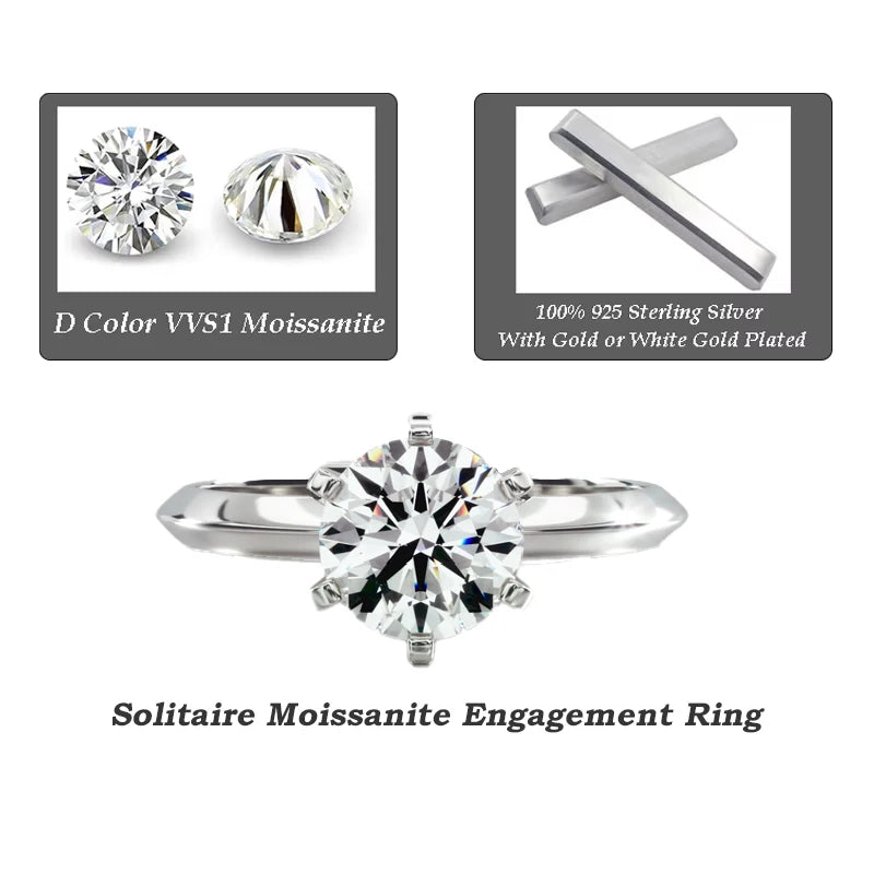 BAMOER Vergoldeter Solitär-Verlobungsring mit sechs Krappen und Moissanit, dazu ein Moissanit-Ehering aus 925er Sterlingsilber für Damen