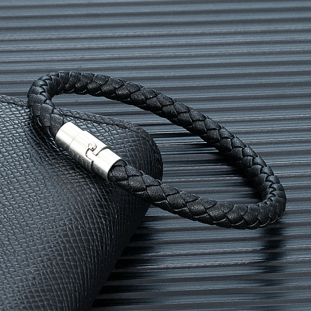 MKENDN Simple Style 6mm Braided Leather Bracelet for Men & Women Stainless Steel Clasp Jewelry Unisex Couple Gift Classic Design