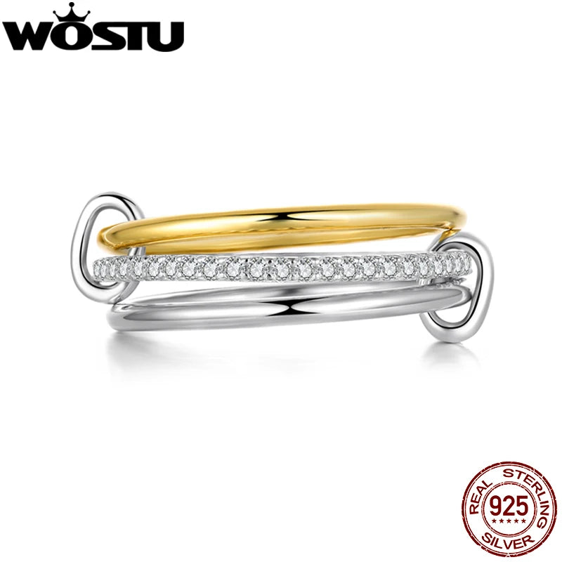 WOSTU Moissanite Interlocked Stackable Rings for Women 925 Silver 18K Gold Two-Tone Three-layer Moissanite Metal Connected Ring