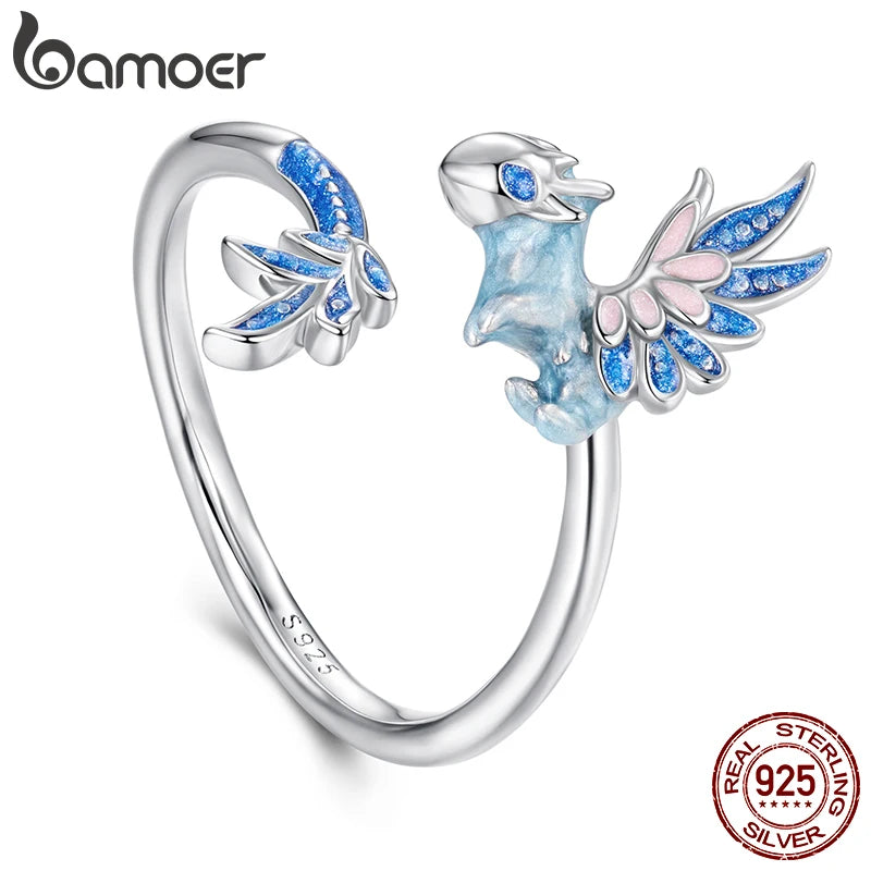 BAMOER 925 Sterling Silver Dragon Ring Adjustable Cute Animal Lover Jewelry Birthday Gifts for Women SCR1135-E
