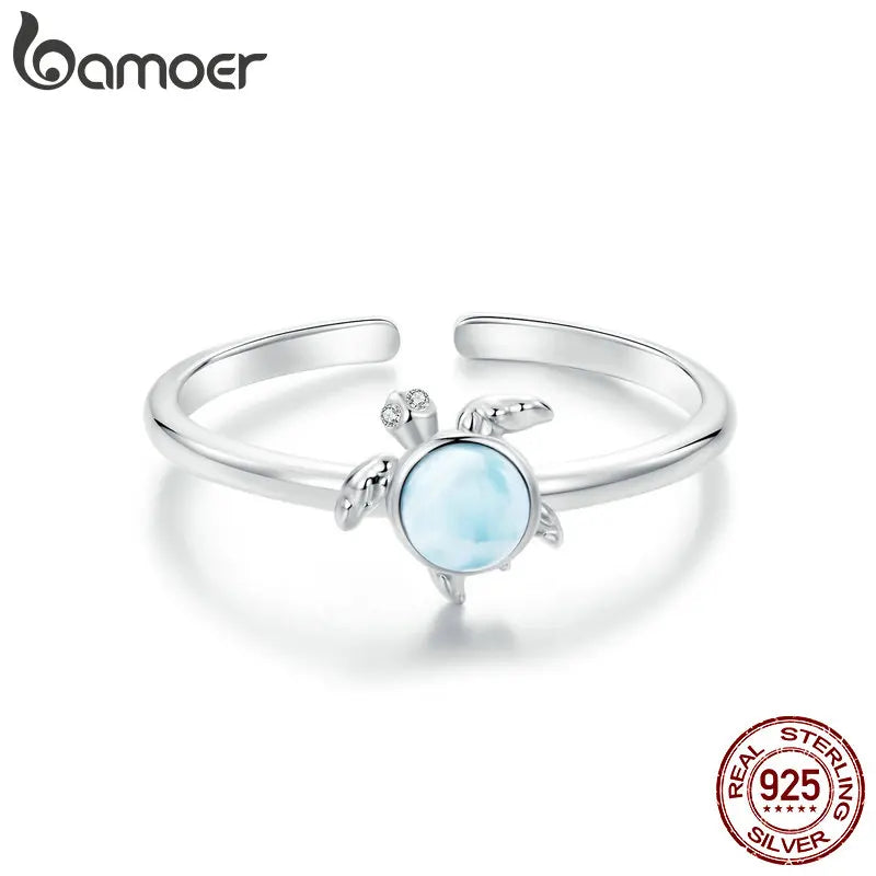BAMOER 925 Sterling Silber Meeresschildkröte Offener Ring Strandschildkröte Verstellbare Ringe für Frauen Edler Schmuck BSR553-E