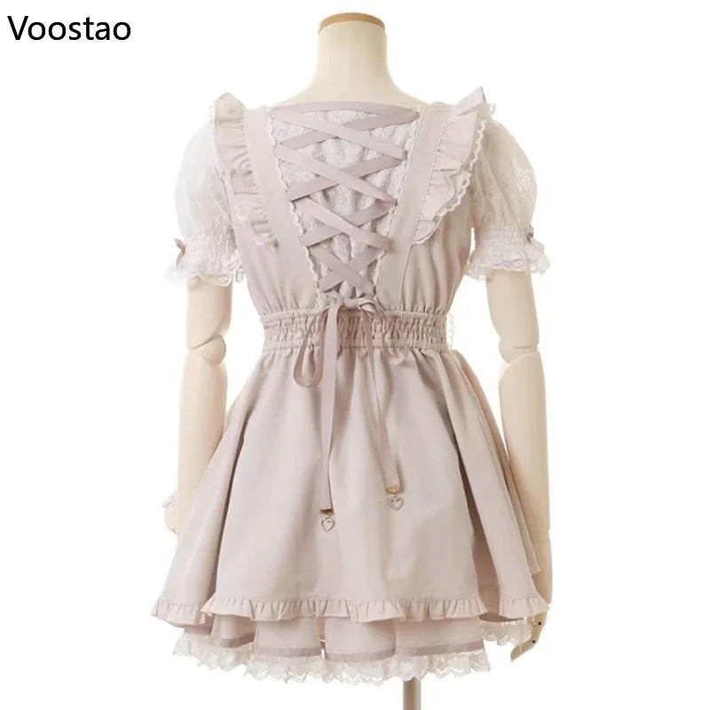 Japanese Sweet Lolita Rhinestone Bow Dress Kawaii Women Y2k Puff Sleeve Button Lace Ruffles Dress Harajuku Cute Party Cake Dress