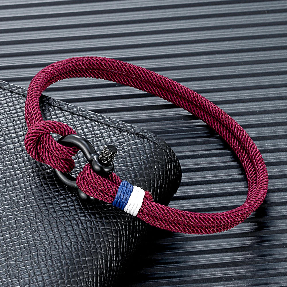 MKENDN Schwarzes Armband aus Edelstahl mit Hufeisenschnalle für Männer und Frauen, marineblaues Überlebensarmband aus geflochtenem Seil, Paarschmuck