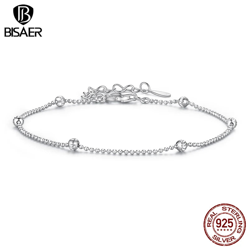 BISAER 925 Sterling Silver Carved Beads Bracelet Minimalist Round Bead Stackable Chain Plated White Gold for Women Fine Jewelry
