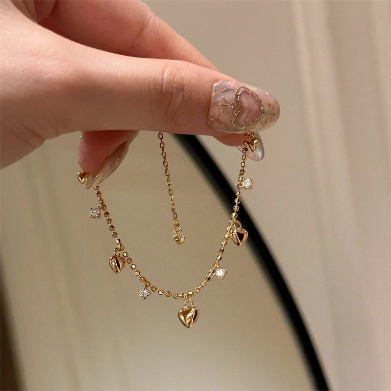 Korean Delicate Heart Beads Shiny Zircon Water Drop Bracelet For Women Simple Love Heart Beaded Adjustable Chain Bangle Jewelry