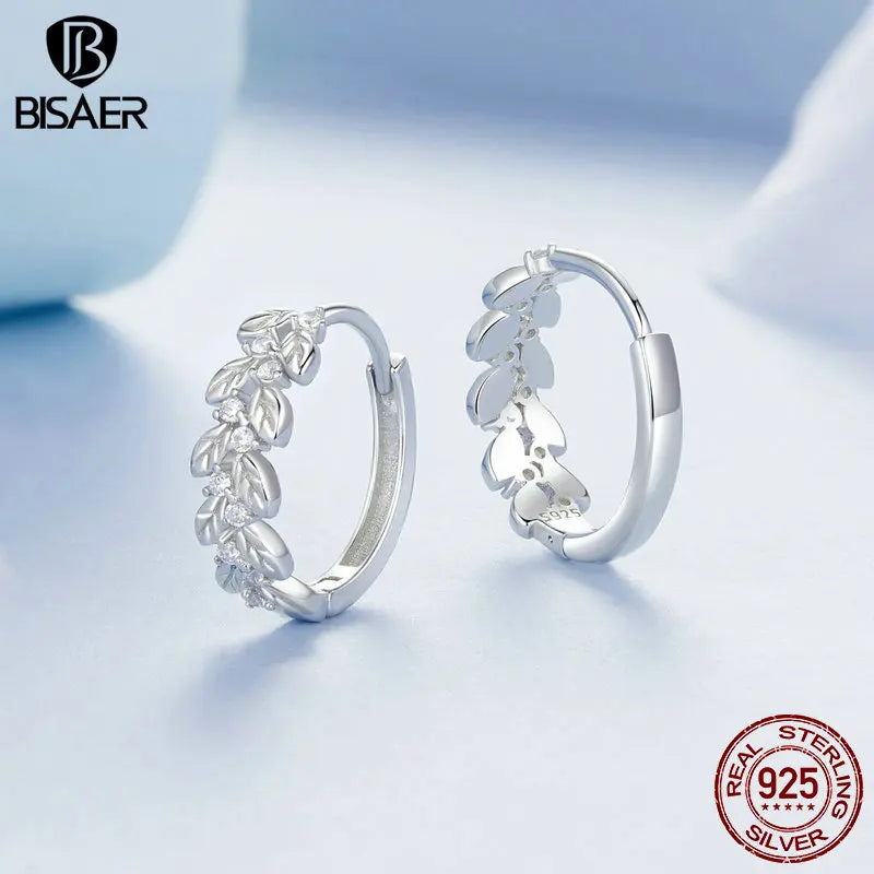 BISAER 925 Sterling Silber Blätter Offener Ring Einfache Blätter Creolen Vergoldet Weißgold für Frauen Party Edles Schmuckset Geschenk