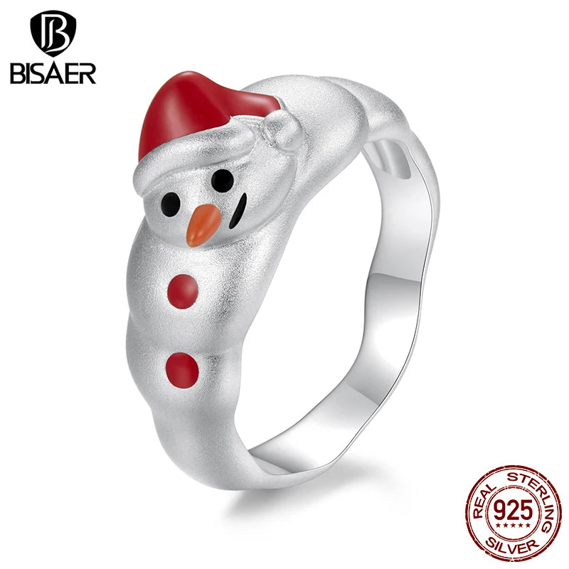 BISAER 925 Sterling Silber Weihnachts-Schneemann-Ring Emaille-Prozess Band Vergoldet Weißgold für Frauen Party Feiner Schmuck Weihnachtsgeschenk
