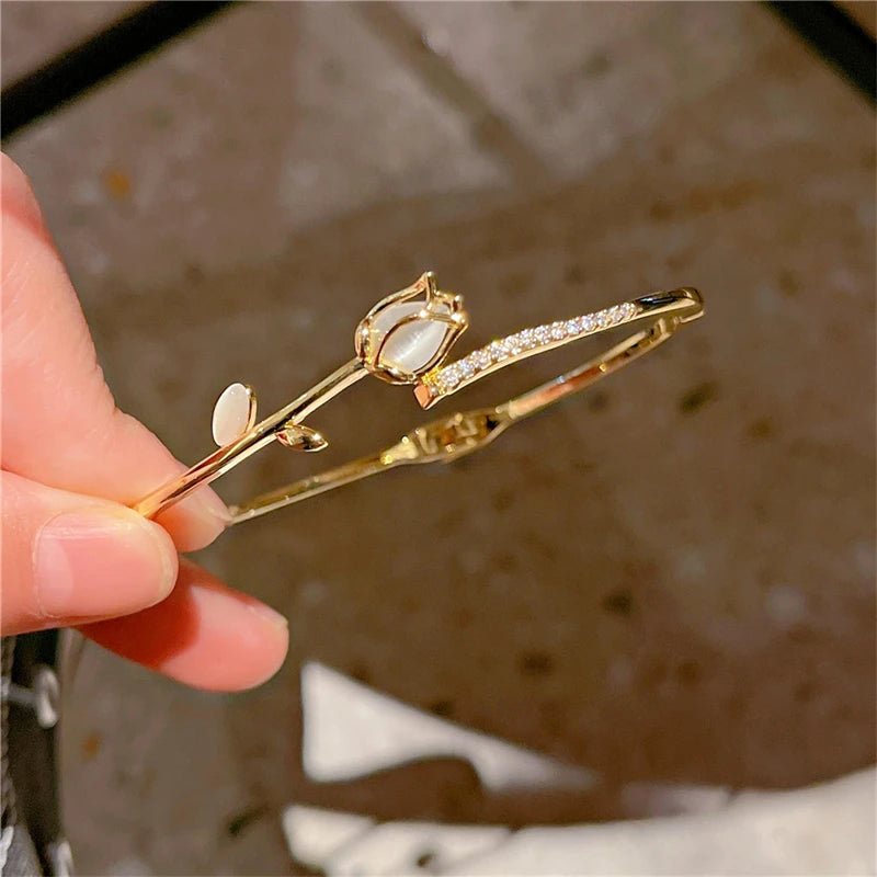 Korean Exquisite Opal Tulip Bracelet For Women Light Luxury Shiny Zircon Elegant Flower Bangle Party Banquet Charm Jewelry Gifts - Madeinsea©