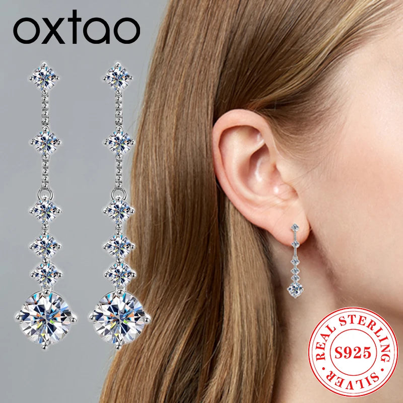 OXTAO GRA 3ct Moissanite Dangle Earrings Female D Color VVS1 Diamond Long Tassel Ear Drops 925 Sterling Silver Fine Jewelry Gift