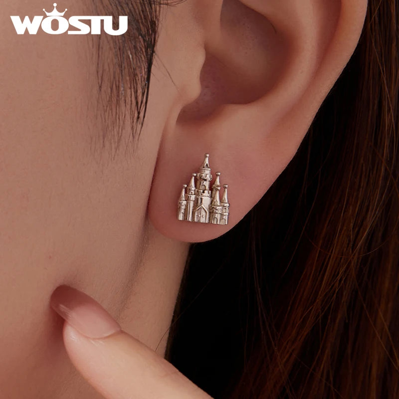 WOSTU 925 Sterling Silver Princess Castle Stud Earrings For Women, Dainty Fairy Tale Inspired Jewelry Unique Gift for Girls