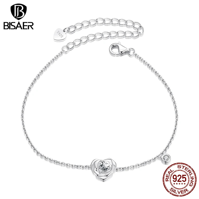BISAER 925 Sterling Silber Herz Rose Armband Einstellbar Charm Kette Vergoldet für Frauen Party Edlen Schmuck EFB200