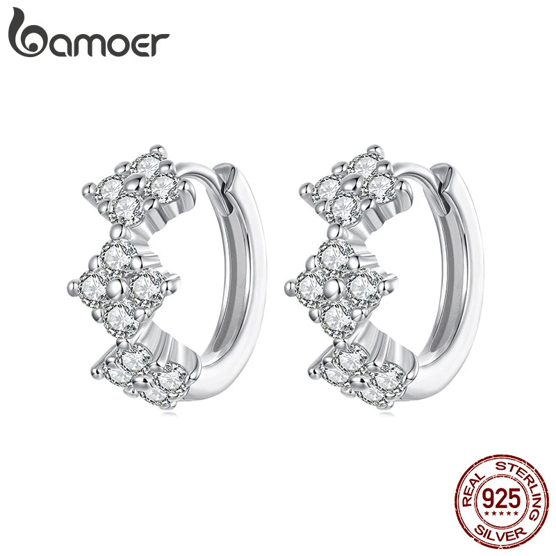 BAMOER 925 Sterling Silver Four-Leaf Clover Hoop Earrings for Women, Full CZ Cartilage Huggies Earrings Delicate Jewelry Gift