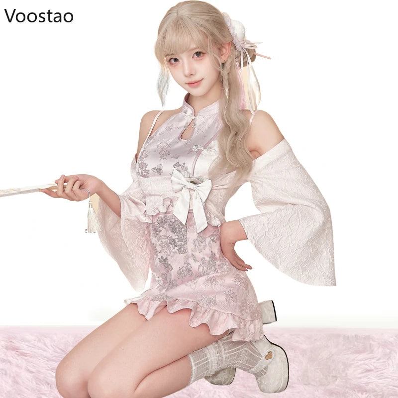 New Chinese Style Lolita Dress Set Women Elegant Short Cardigan Tops Ruffles Chic Print Cheongsam Dress Suits Female Y2k Outfits