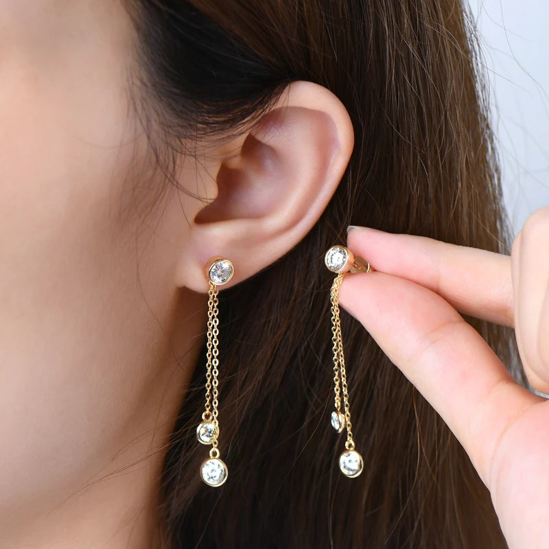 OXTAO Long Tassel Double Chain Earrings 925 Sterling Silver Round Cut Bezel Set D Color Moissanite Drop Earrings Jewelry Gift