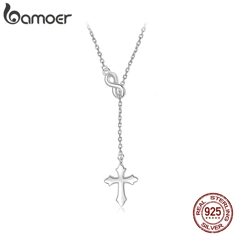 BAMOER Corss Pendant Necklace Infinite Love Choker Y Chain Link for Women Girls 925 Sterling Silver Eternal Faith Jewelry Gift