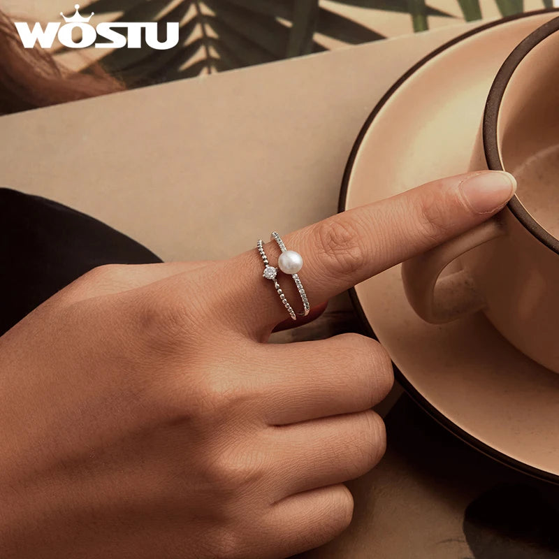 WOSTU 925 Silver Natural Freshwater Pearl Promise Ring For Women Double Layer Shiny Zircon Vintage Rings Lover Mom Birthday Gift