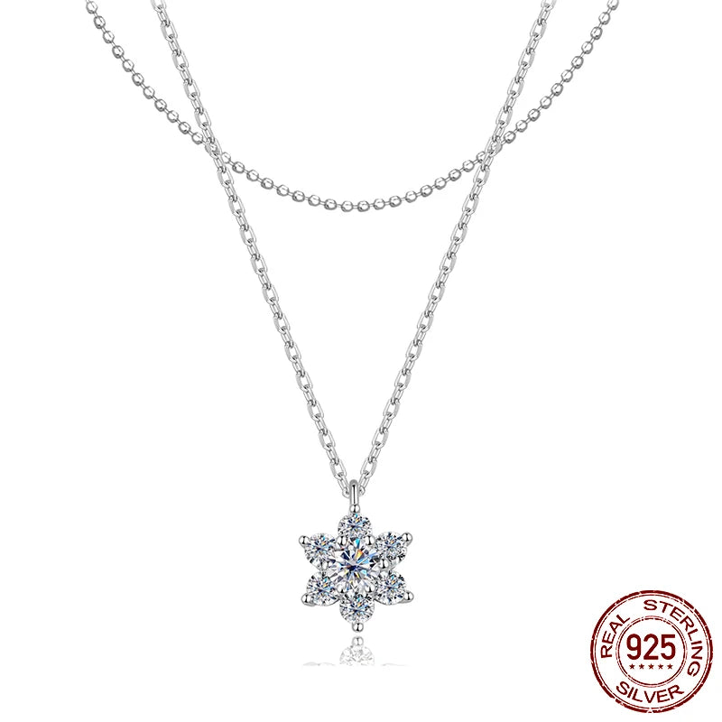 WOSTU Double-layer Moissanite Flower Necklace For Women, D-Color Lab Diamond 925 Sterling Silver Chain Links Valentine's Gift