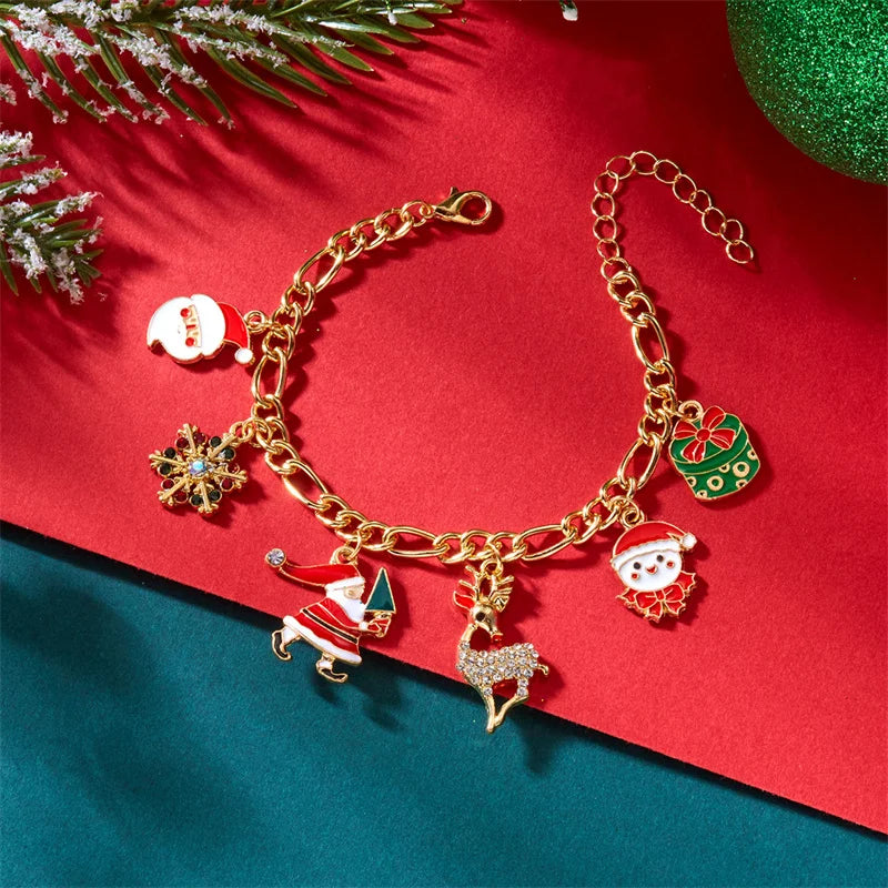 Creative Christmas Series Bracelet For Women Men Santa Claus Snowflake Zircon Elk Xmas Tree Metal Chain Bangles New Year Jewelry