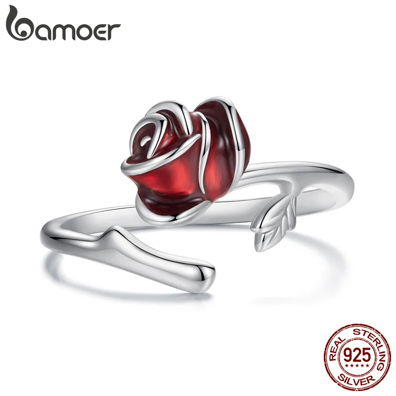 BAMOER Solid 925 Sterling Silver Red Rose Flower Ring Adjustable Wrap Open Jewelry for Women Friend Mom Bride Girlfriend Sisters
