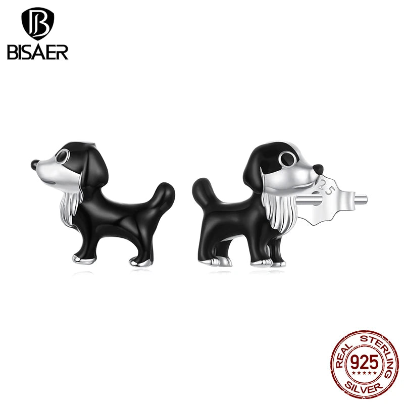 BISAER 925 Sterling Silver Cute Border Collie Stud Earrings Pet Dog Enamel Proces Stud Ear for Women & Girl Party Fine Jewelry