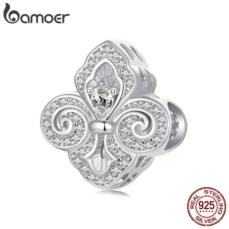 BAMOER Solid 925 Sterling Silver Iris CZ Charm Bead fit Original Bracelet Jewelry DIY bamoer Classic Flower Charm BSC1078