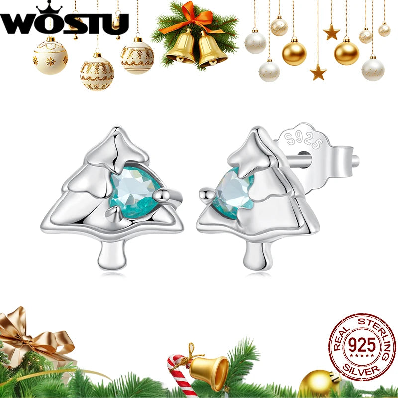 WOSTU Christmas Tree Earrings with Green Heart Zircon, 925 Sterling Silver Stud Earring For Women Creative Xmas Jewelry Gift New