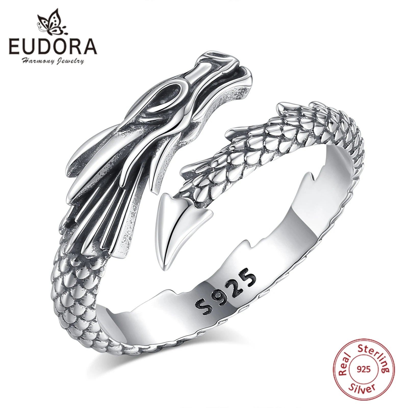 Bague ajustable en argent sterling 925 Eudora, motif dragon, style vintage, bijou tendance, idéal pour homme et femme