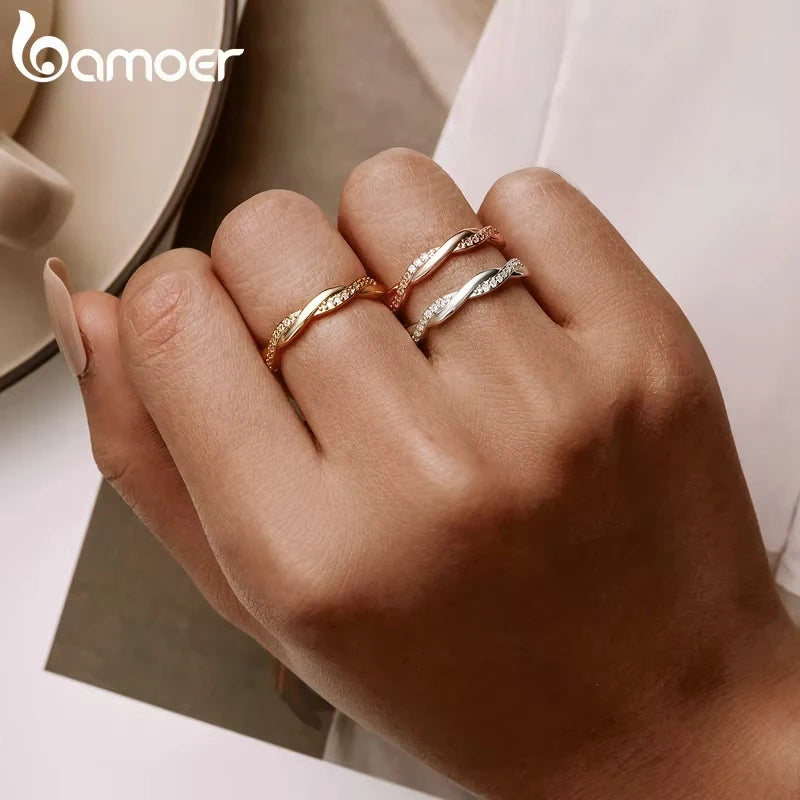 BAMOER 925 Sterling Silber Twisted Vine Zirkonia Eternity-Ring für Damen, 3 Farben
