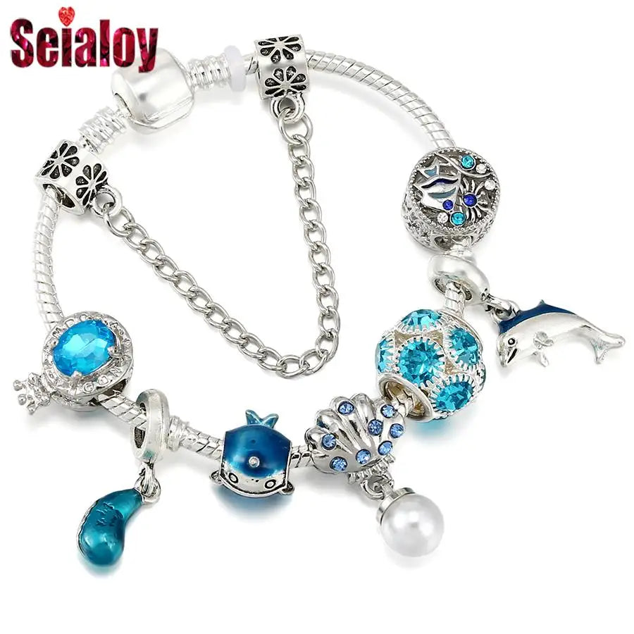 Seialoy Cyan Cristal Couronne Perle Coquillage Charm Bracelets Pour Femmes Homme DIY Sea World Narwhal Perles Dauphin Pendentif Bracelet Bijoux