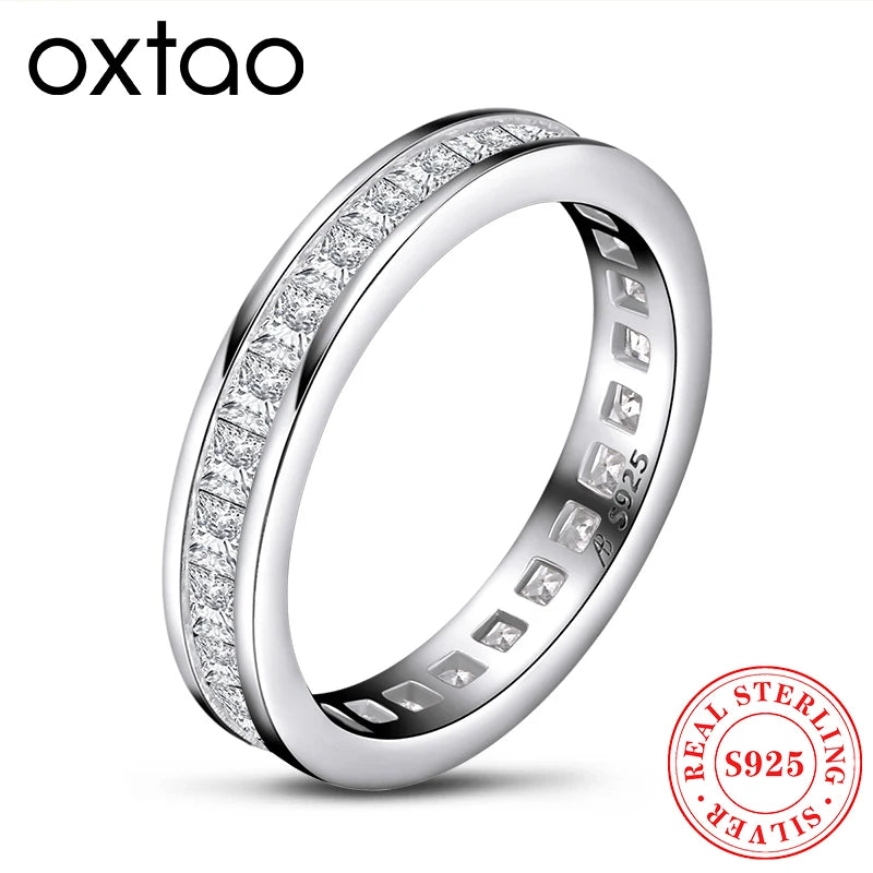 OXTAO Princess Cut Zircon Eternity Rings Female Jewelry 925 Sterling Silver Classic Trendy Engagement Wedding Band Gift