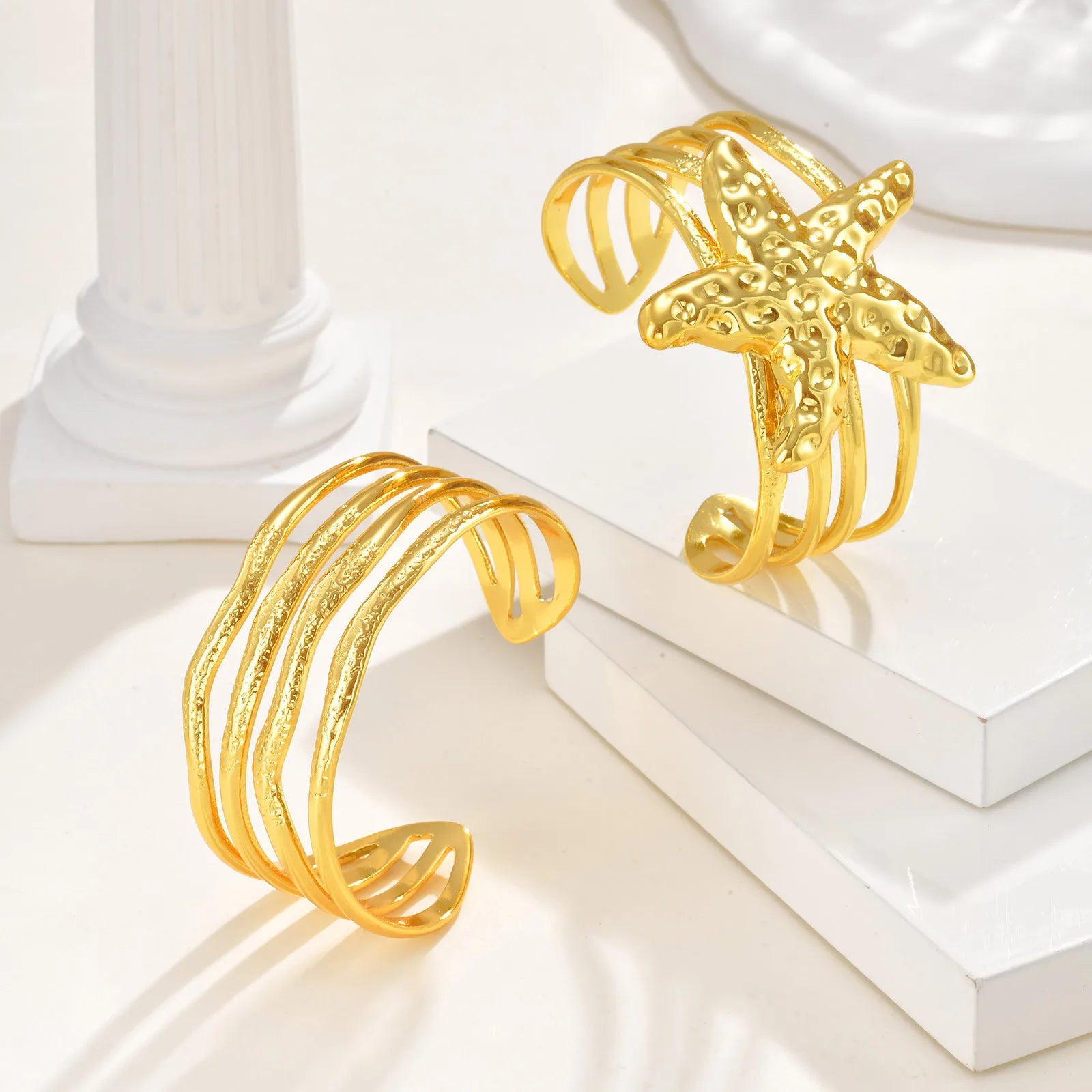 Vnox Chunky Starfish Cuff Bracelets For Women Girls,Stainless Steel Gold Color Heavy Bangles,Female Trendy Jewelry Party Daily