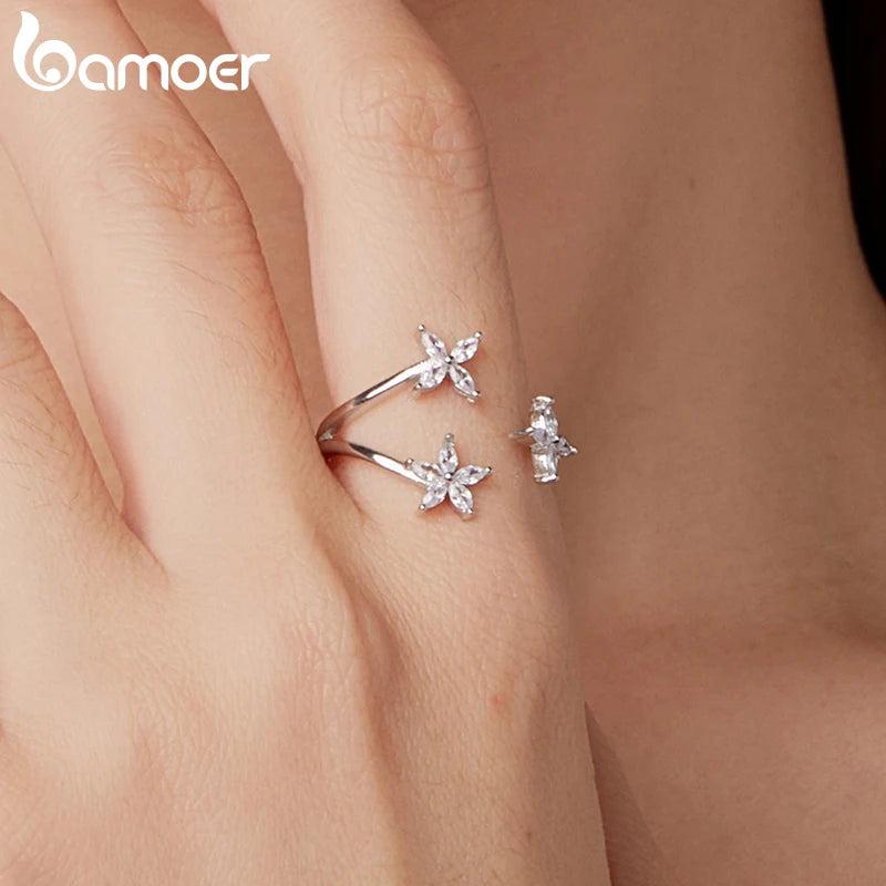 Bamoer 925 Sterling Silver Autumn Leaves Open Ring Pave Setting CZ Maple Leaf Adjustable Ring for Women Teens Anniversary Gift