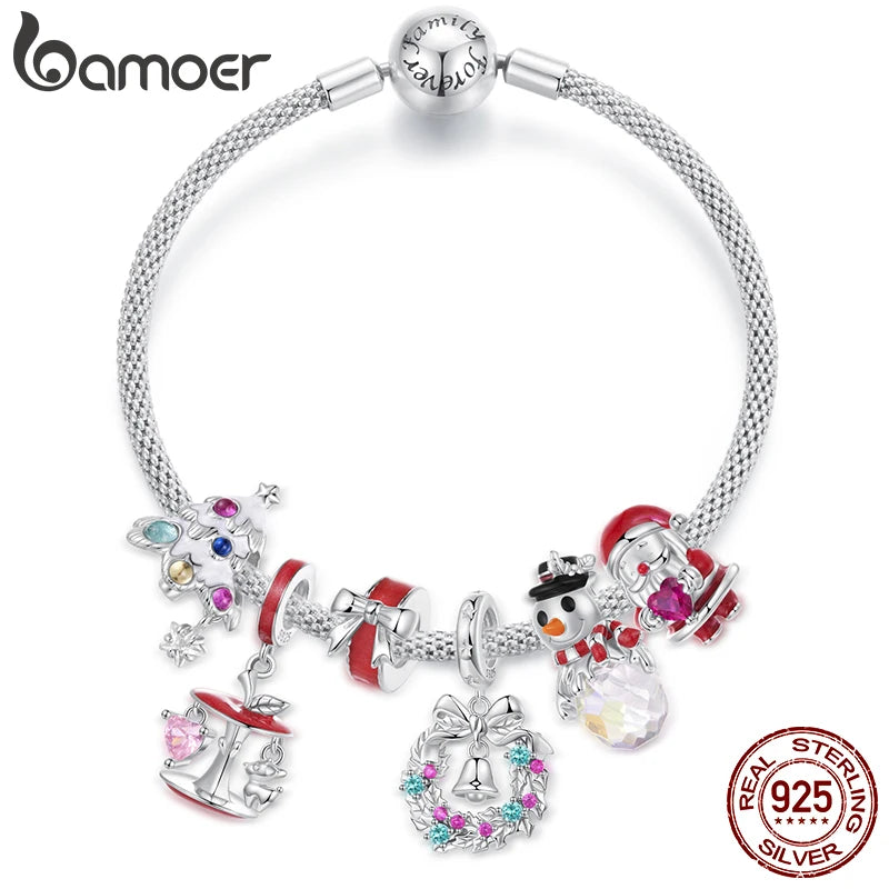 Bamoer 925 Sterling Silver Christmas Apple Tree Charms Xmas Series Pendant Beads for Women DIY Bracelet Accessories Holiday Gift