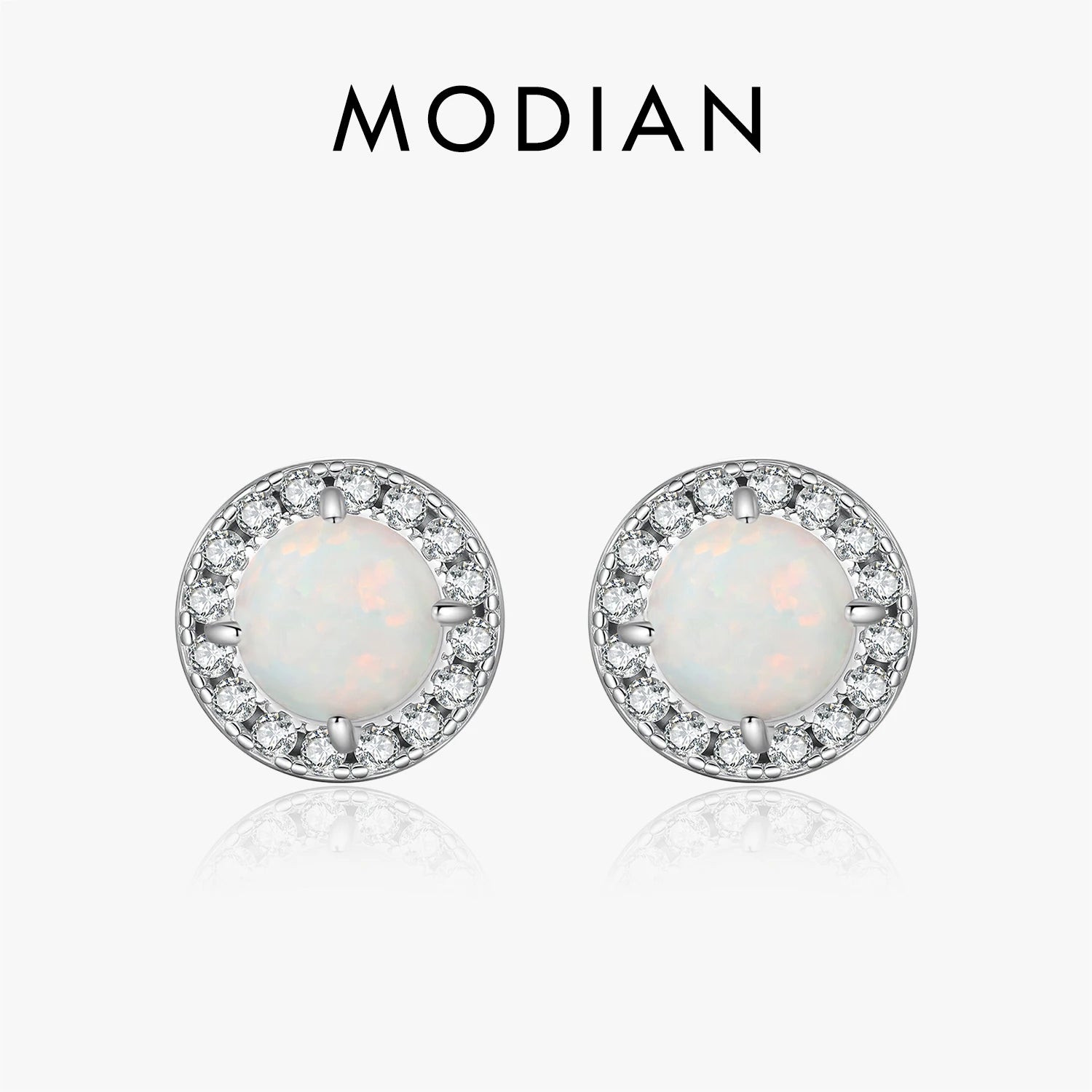 MODIAN 925 Sterling Silver Minimalist Round Opal Halo Ear Studs Daily Wear Studs Earrings For Women OL Fine Jewelry