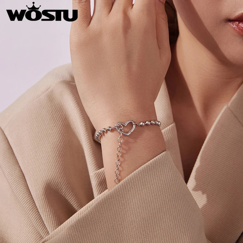 WOSTU Adjustable Silver Beaded Bracelet with Open Heart Pendant, Basic S925 Sterling Silver Bangle For Charms Beads DIY Jewelry