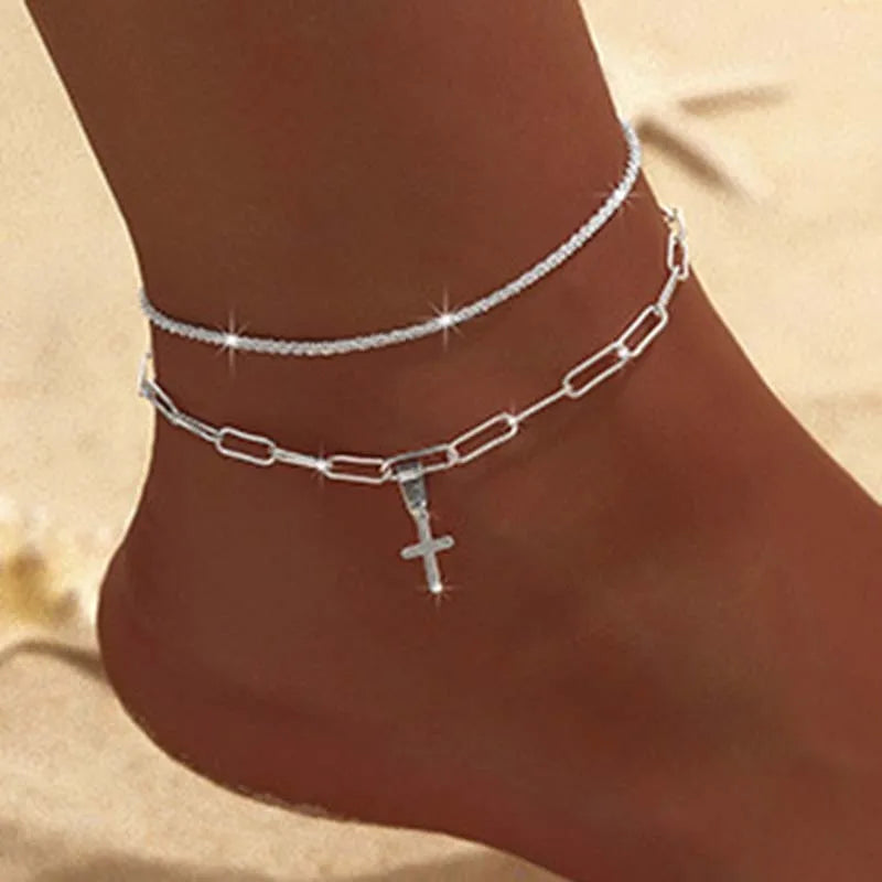 Silver Color Double Layer Shiny Chains Anklets For Women Heart Cross Geometric Pendant Foot Leg Barefoot Bracelet Charm Jewelry