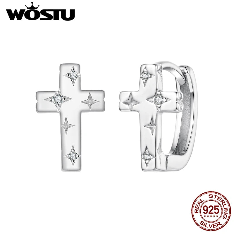 WOSTU 92 Sterling Silver Cross Huggies Earrings for Women, Minimalist Religious Jewelry Star Shiny Zircon Hoops Earring Gift